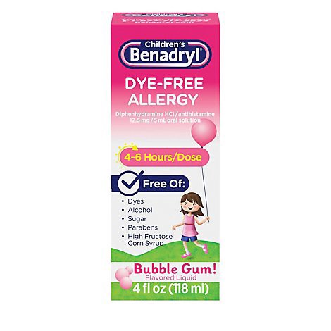 slide 1 of 1, Benadryl Childrens Allergy Liquid Dye-Free Flavored Bubble Gum! - 4 Fl. Oz., 4 fl oz