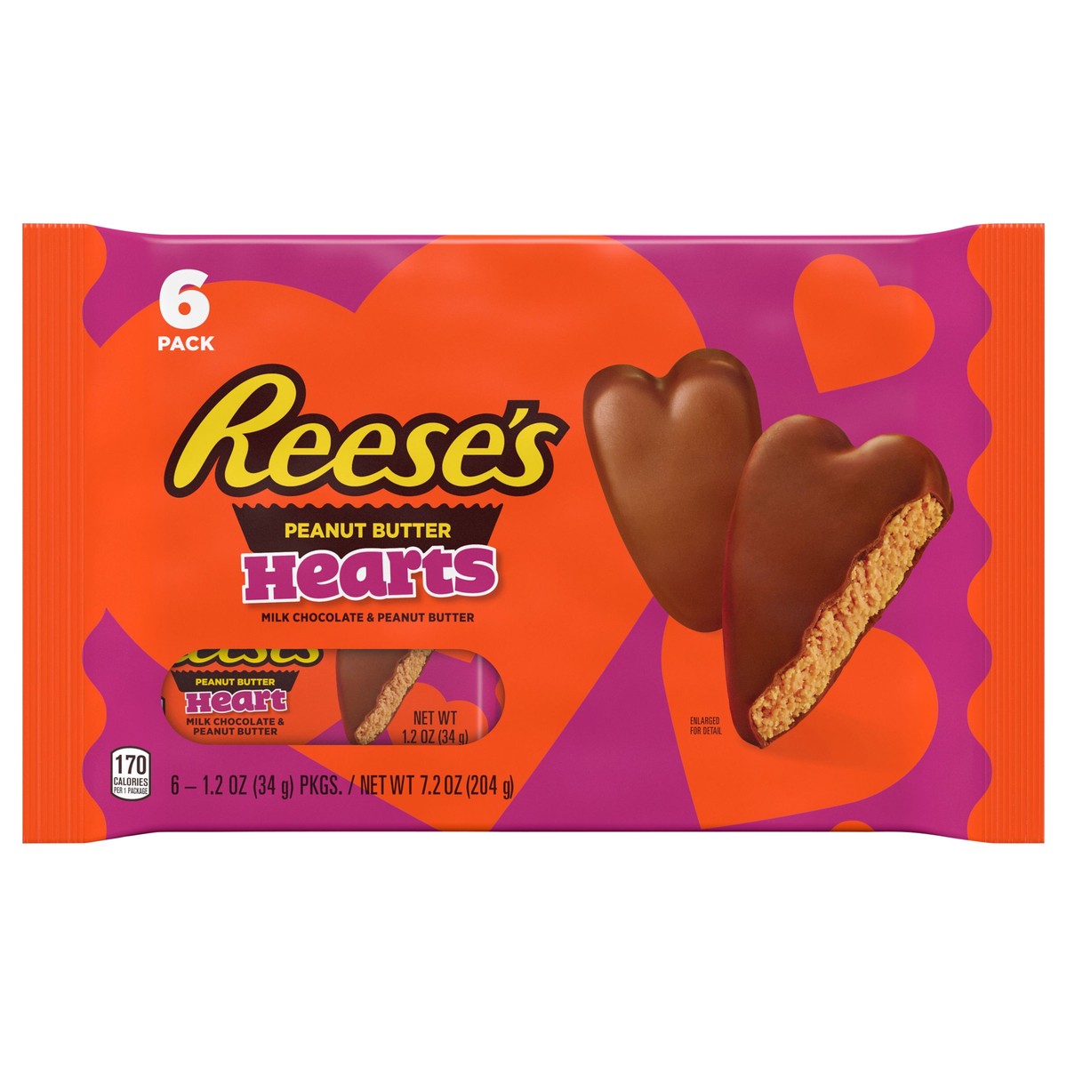 slide 1 of 8, REESE'S Milk Chocolate Peanut Butter Hearts Candy, Valentine's Day, 7.2 oz, Pack (6 Pack), 6 ct