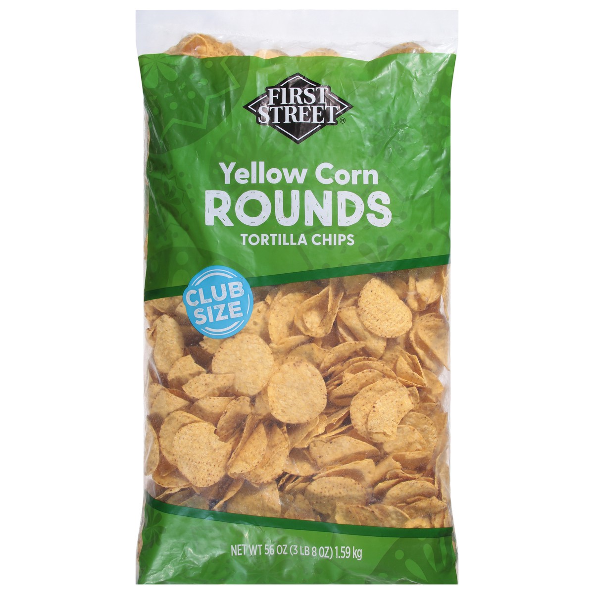 slide 1 of 14, First Street Yellow Round Tortilla Chips, 56 oz