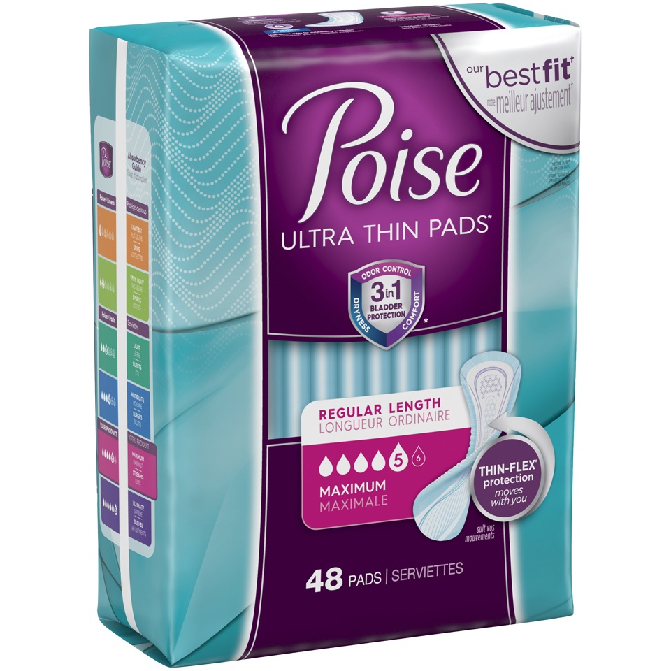 slide 2 of 3, Poise Thin-Shape Pad, Maximum Absorbency, Regular, 48 ct