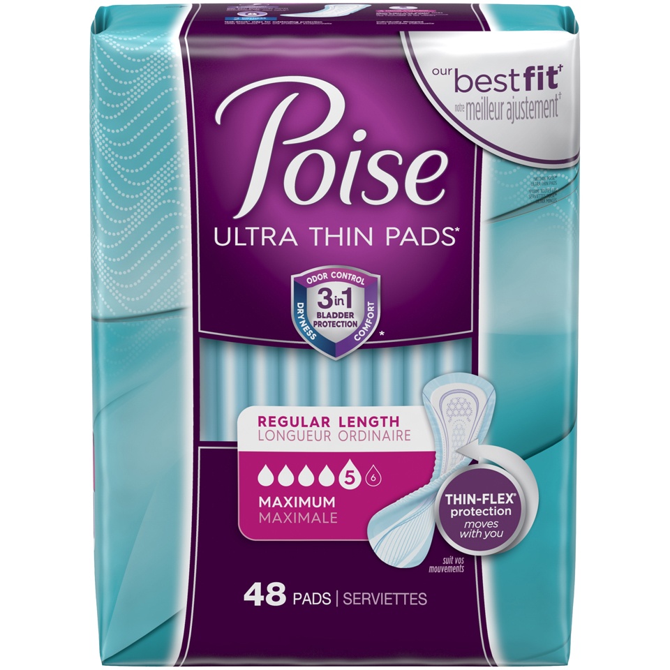 slide 1 of 3, Poise Thin-Shape Pad, Maximum Absorbency, Regular, 48 ct