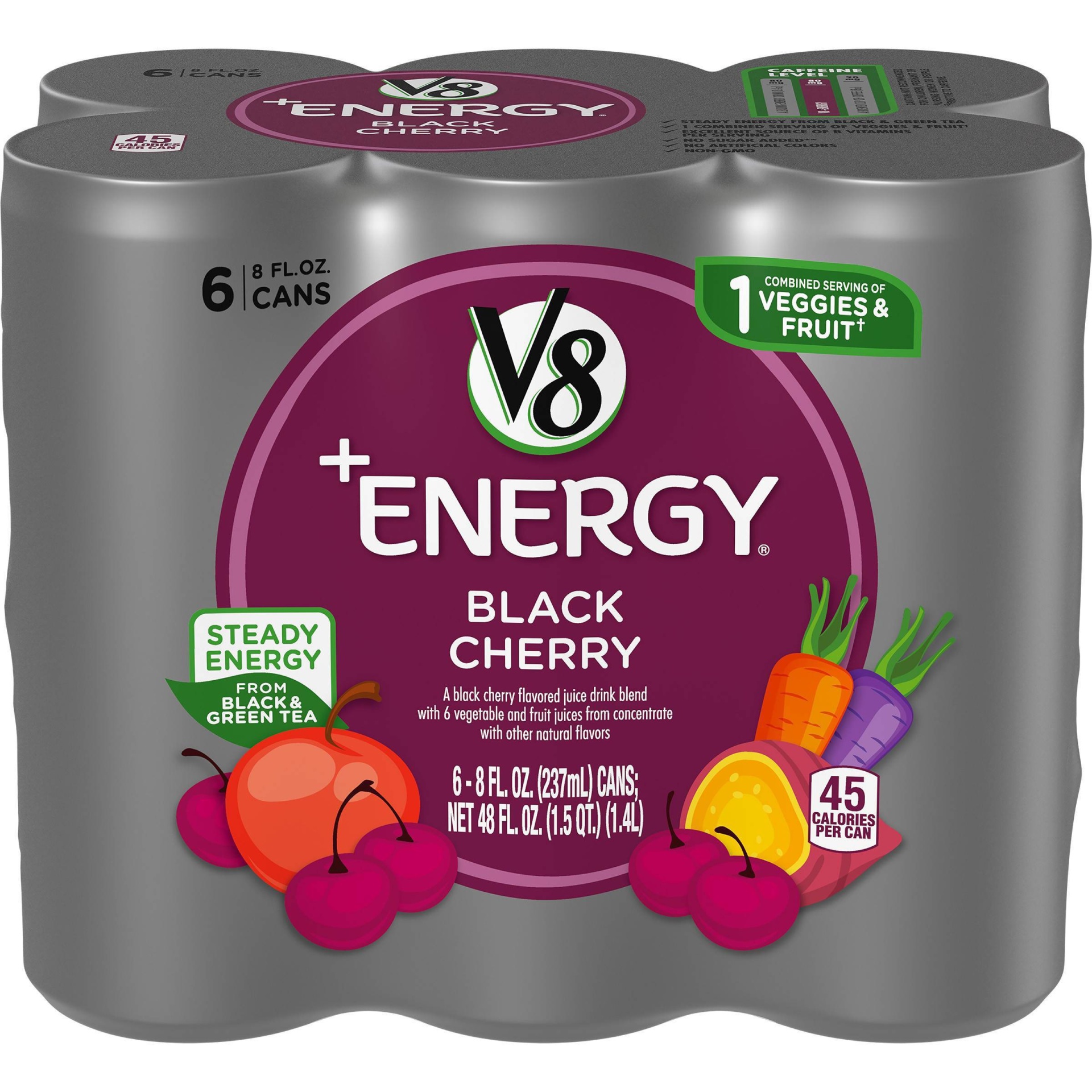 slide 1 of 9, V8 +Energy Black Cherry Drink, 6 ct; 8 fl oz