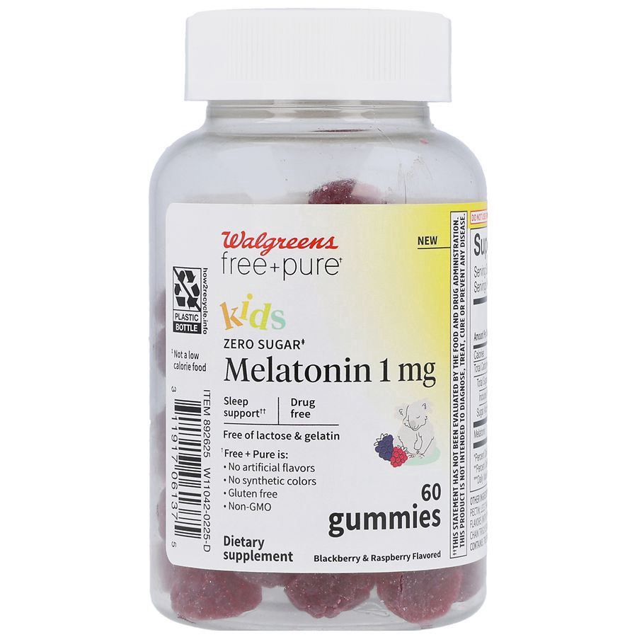 slide 1 of 5, Walgreens Free & Pure Kids Zero Sugar Melatonin 1 mg Gummies Blackberry & Raspberry, 60 ct