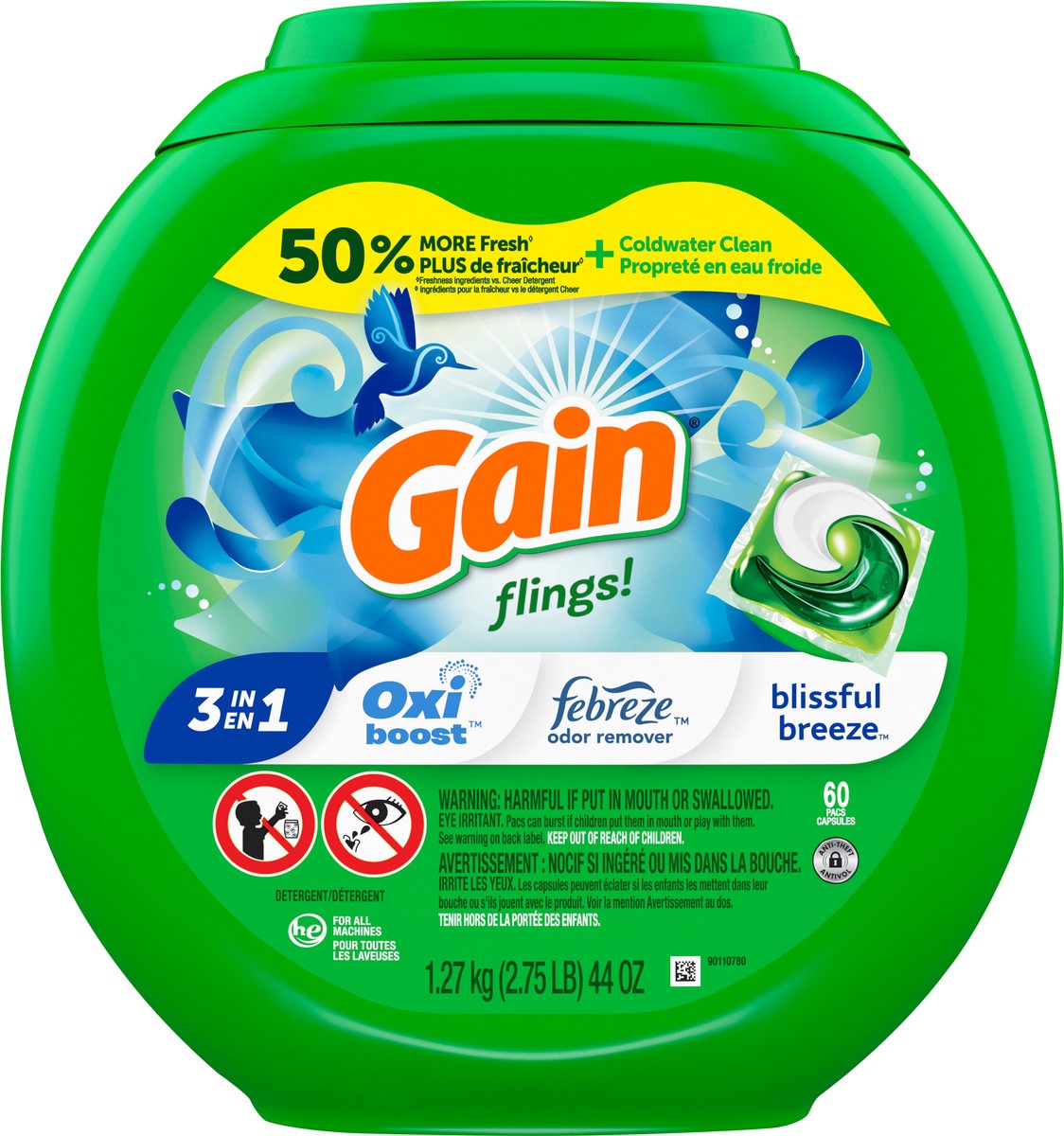 slide 4 of 7, Gain flings! Liquid Laundry Detergent Soap Pacs, HE Compatible, 60 Count, Long Lasting Scent, Blissful Breeze Scent, 60 ct