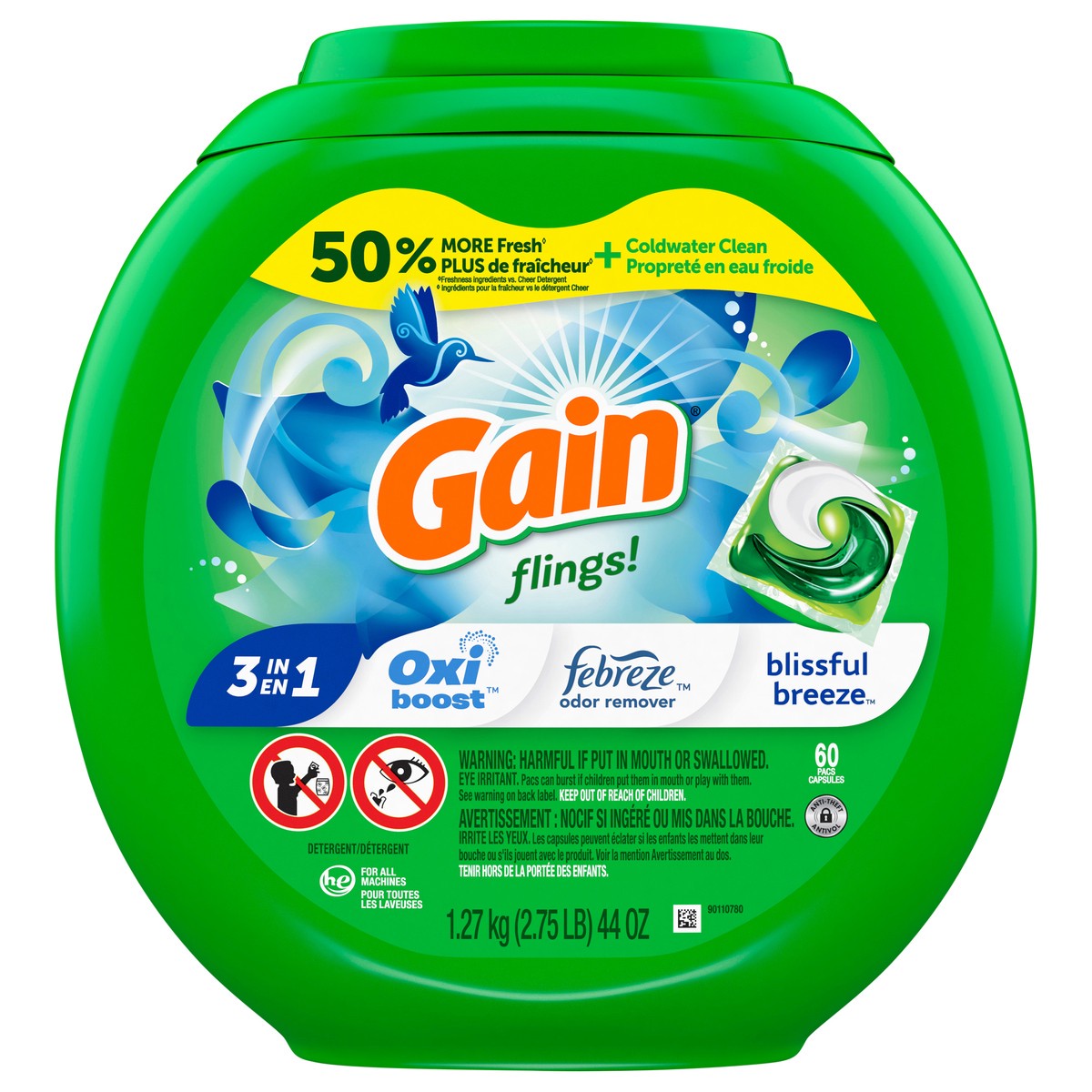 slide 1 of 7, Gain flings! Liquid Laundry Detergent Soap Pacs, HE Compatible, 60 Count, Long Lasting Scent, Blissful Breeze Scent, 60 ct