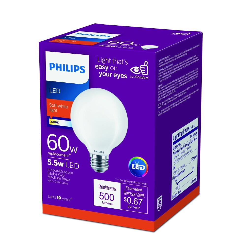 slide 1 of 1, Philips 55Watt 60Watt Medium Base Globe G25 Led Light Bulb Soft White, 1 ct