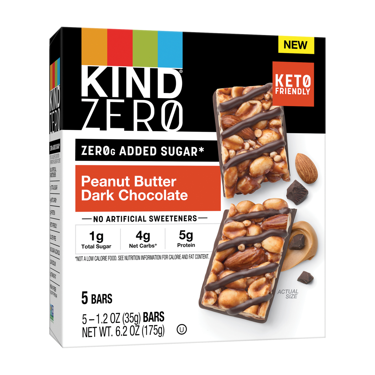 slide 1 of 1, KIND ZEROg Added Sugar Bars, Keto Friendly Snacks, Peanut Butter Dark Chocolate, 6.2oz Box (5 Bars), 0.40 lb