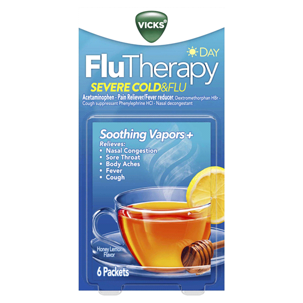 slide 1 of 1, Vicks FluTherapy SEVERE Cold & Flu, Daytime, Hot Drink, Soothing Vapors, Relieves Nasal Congestion, Sore Throat, Aches, Fever, Cough, Honey Lemon, 6 ct