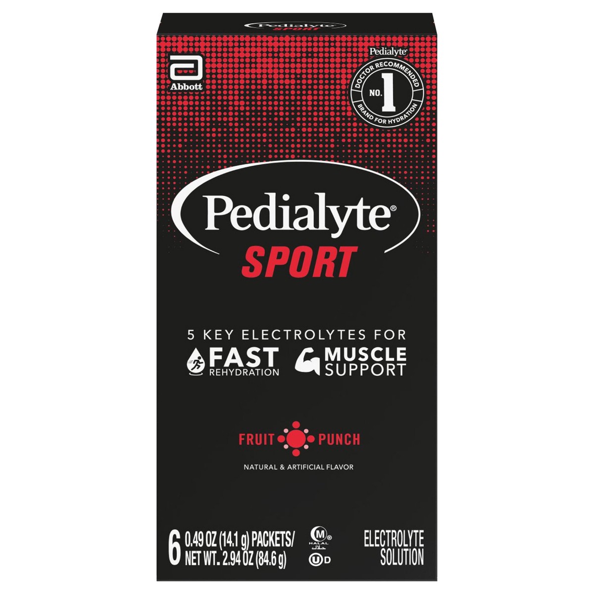 slide 1 of 1, Pedialyte Sport Fruit Punch Electrolyte Solution 6 - 0.49 oz Packets, 6 ct