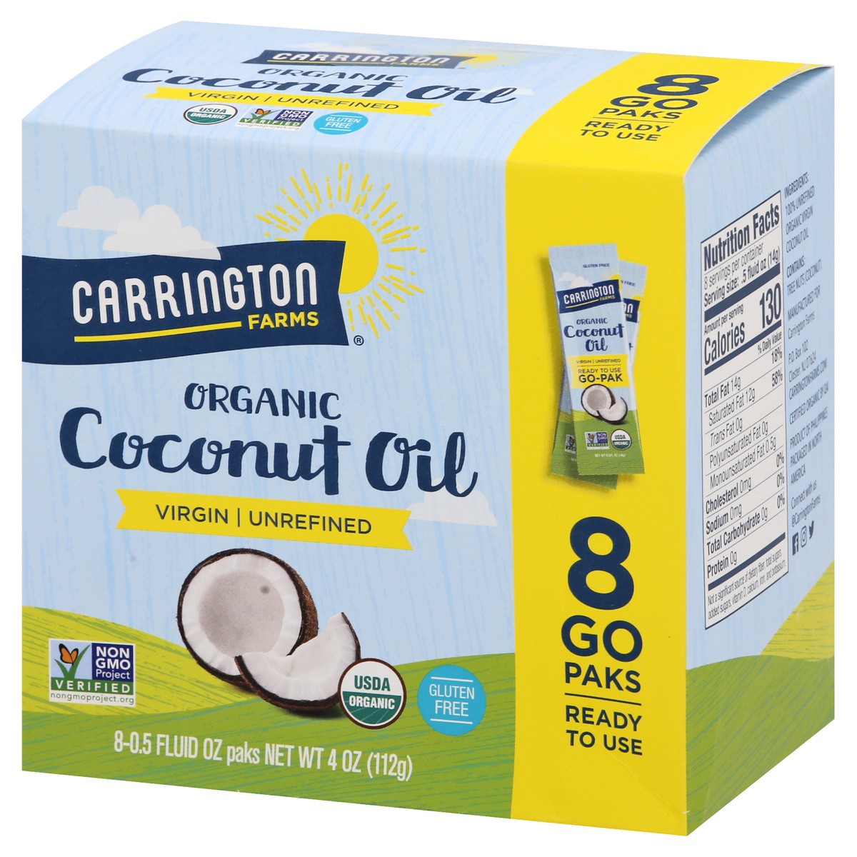 slide 2 of 13, Carrington Farms Organic Oil Coconut Virgin Unrefined Go Paks 8 Count, 4 oz