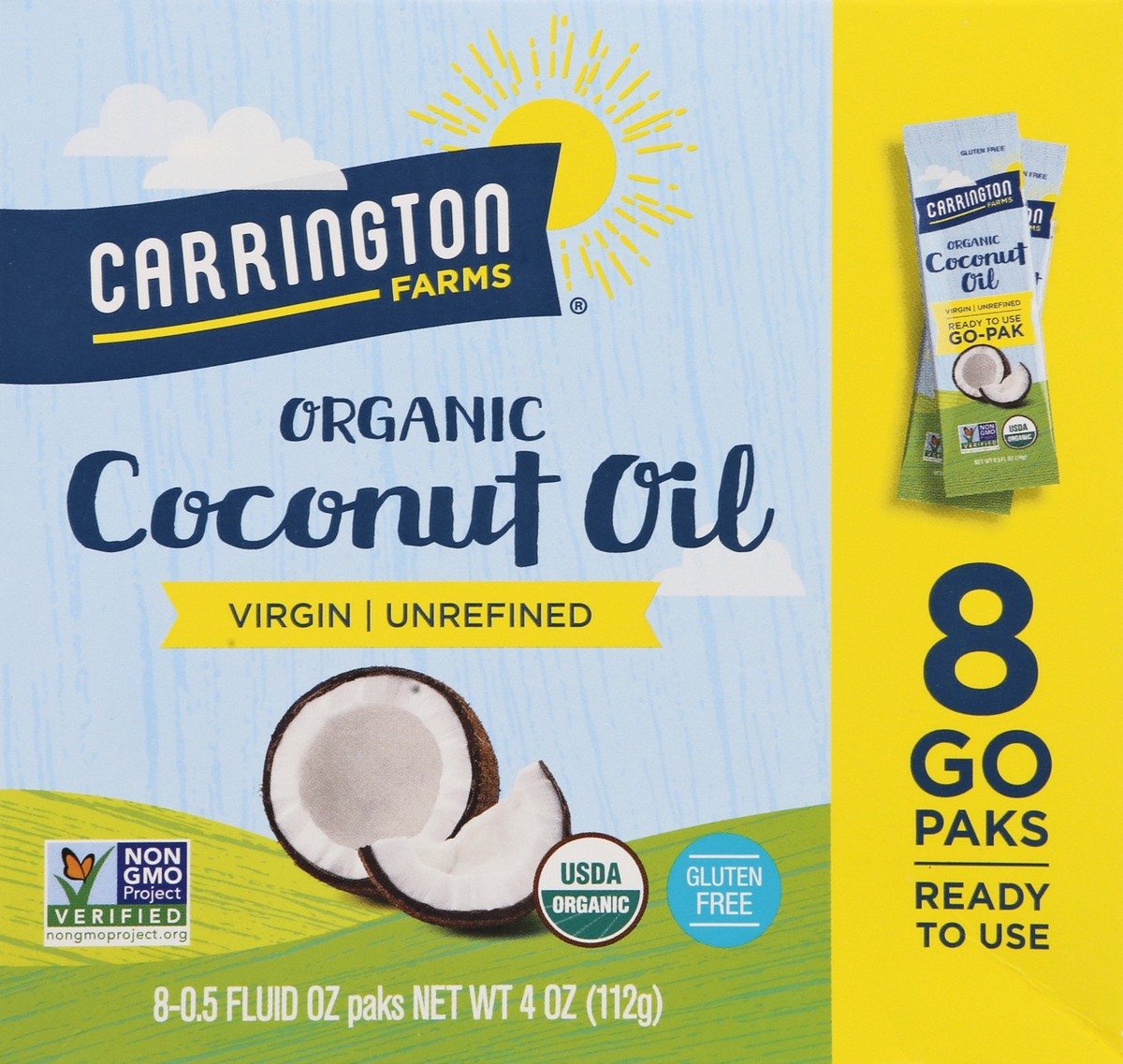 slide 12 of 13, Carrington Farms Organic Oil Coconut Virgin Unrefined Go Paks 8 Count, 4 oz