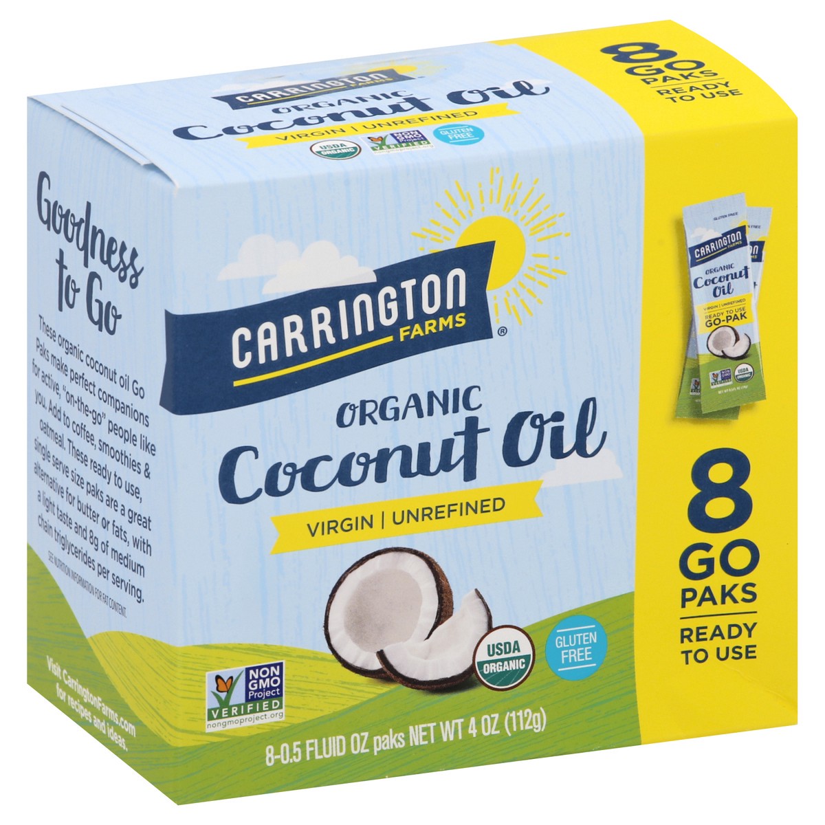 slide 7 of 13, Carrington Farms Organic Oil Coconut Virgin Unrefined Go Paks 8 Count, 4 oz