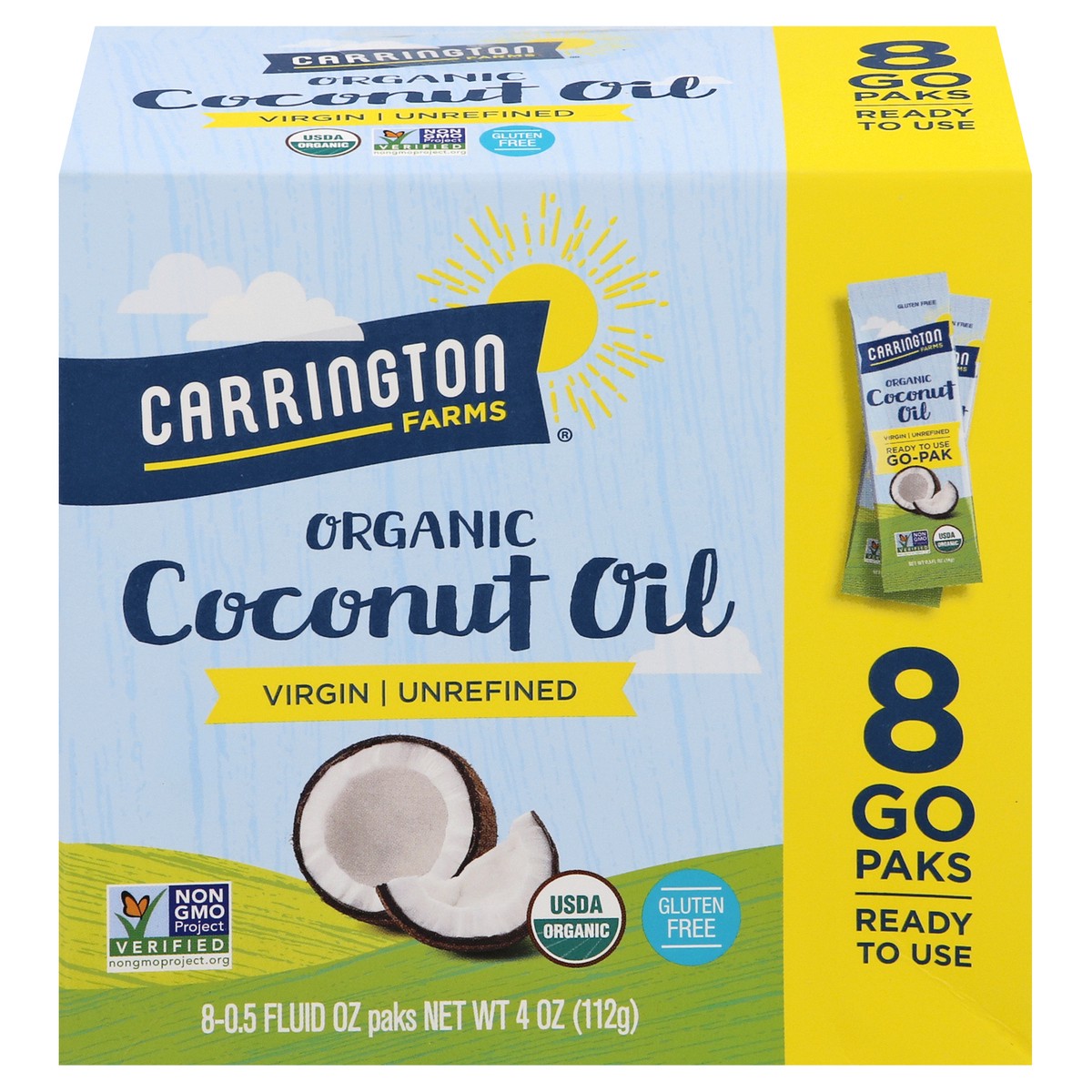 slide 1 of 13, Carrington Farms Organic Oil Coconut Virgin Unrefined Go Paks 8 Count, 4 oz