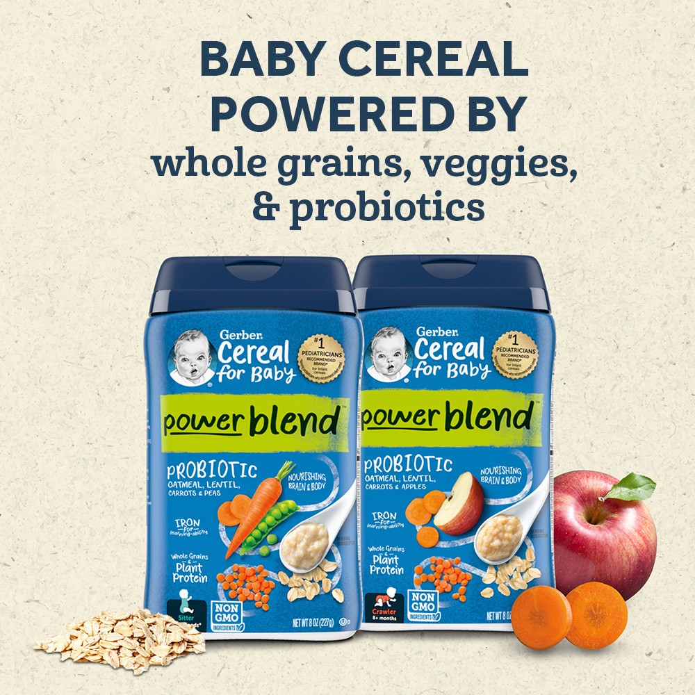 slide 2 of 5, Gerber Cereal for Baby Power Blend 3rd Foods Probiotic Oatmeal Baby Cereal, Lentil Carrot Apple, 8 oz Canister, 8 oz