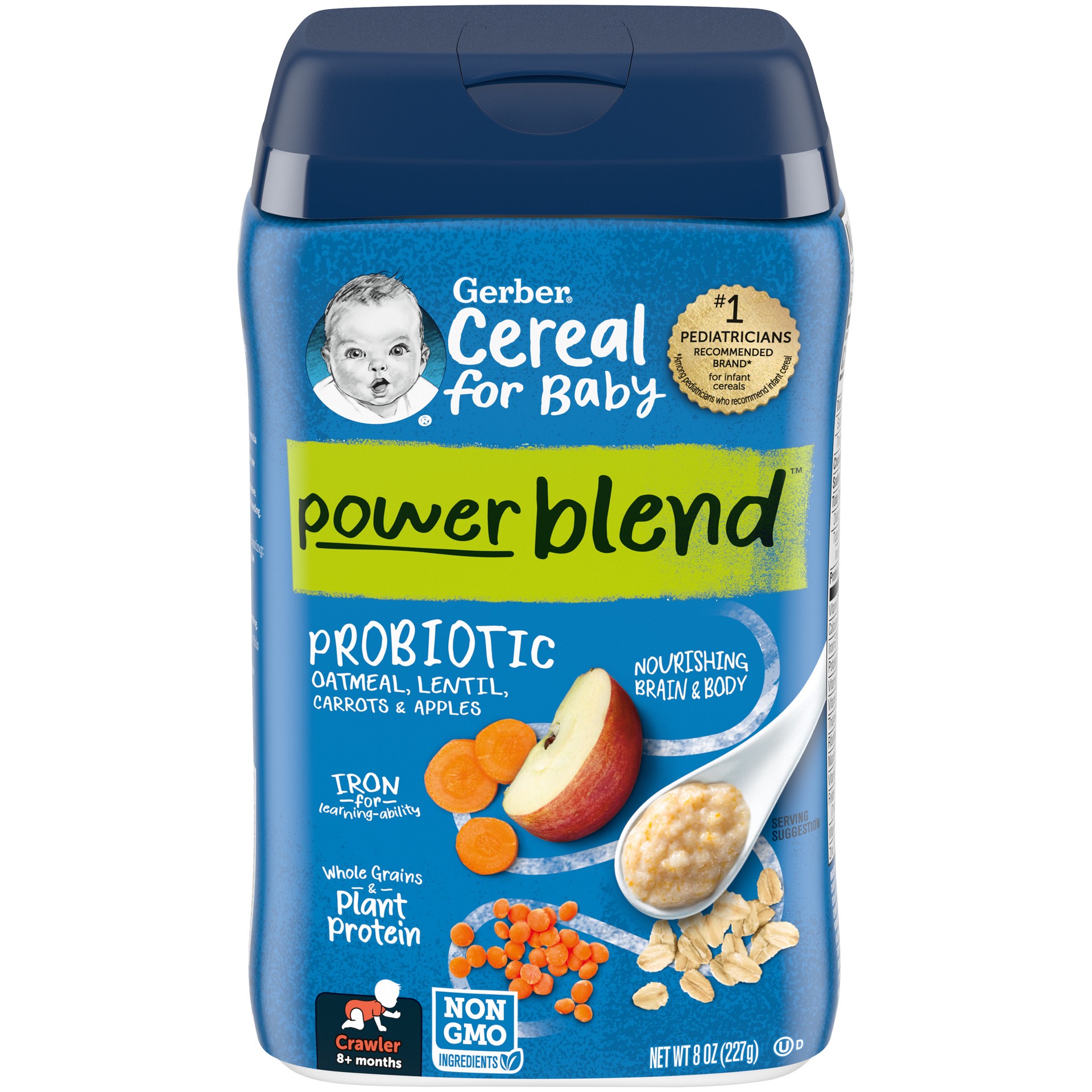 slide 1 of 5, Gerber Cereal for Baby Power Blend 3rd Foods Probiotic Oatmeal Baby Cereal, Lentil Carrot Apple, 8 oz Canister, 8 oz