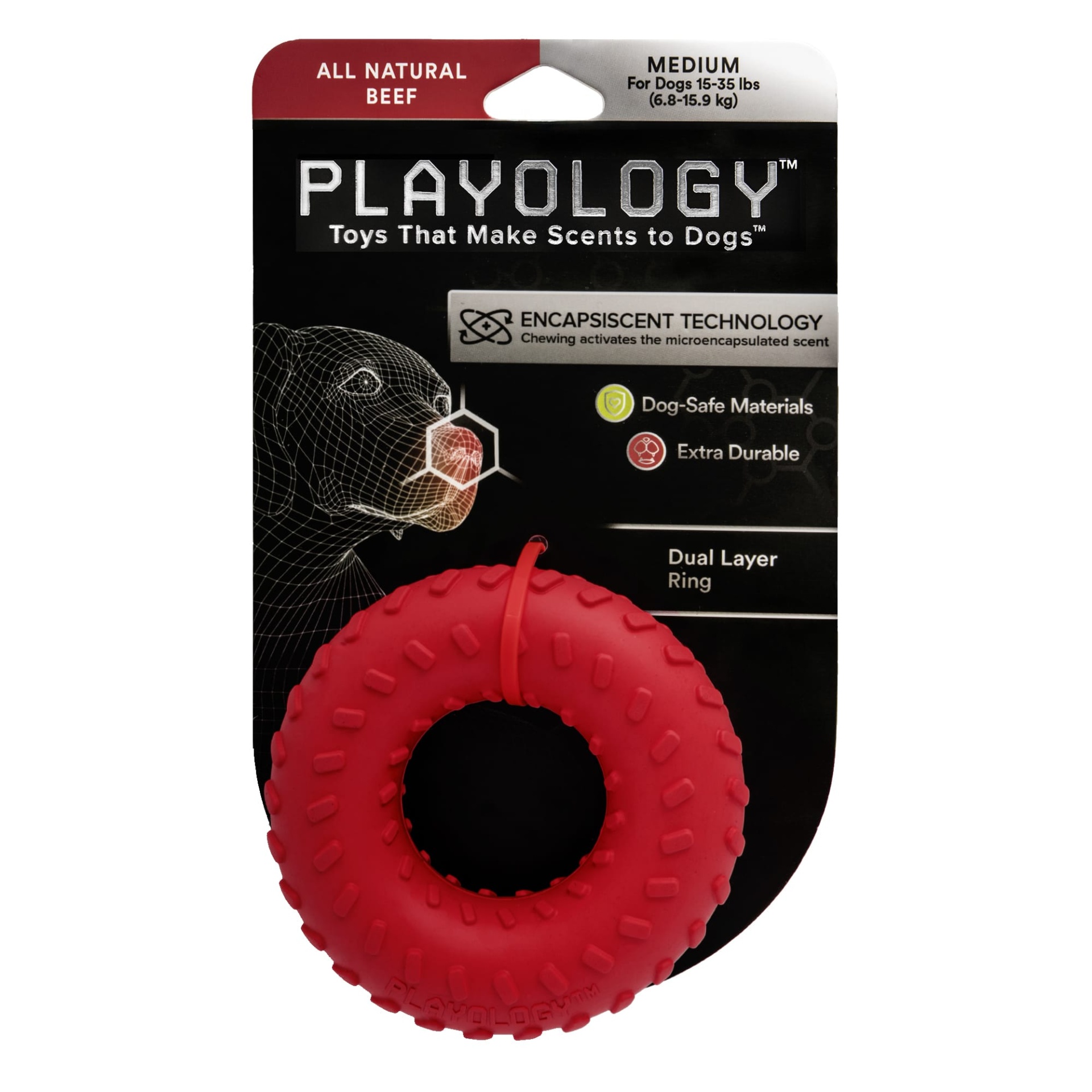 slide 1 of 1, Playology Dual Layer Ring Dog Toy Beef Scent, MED