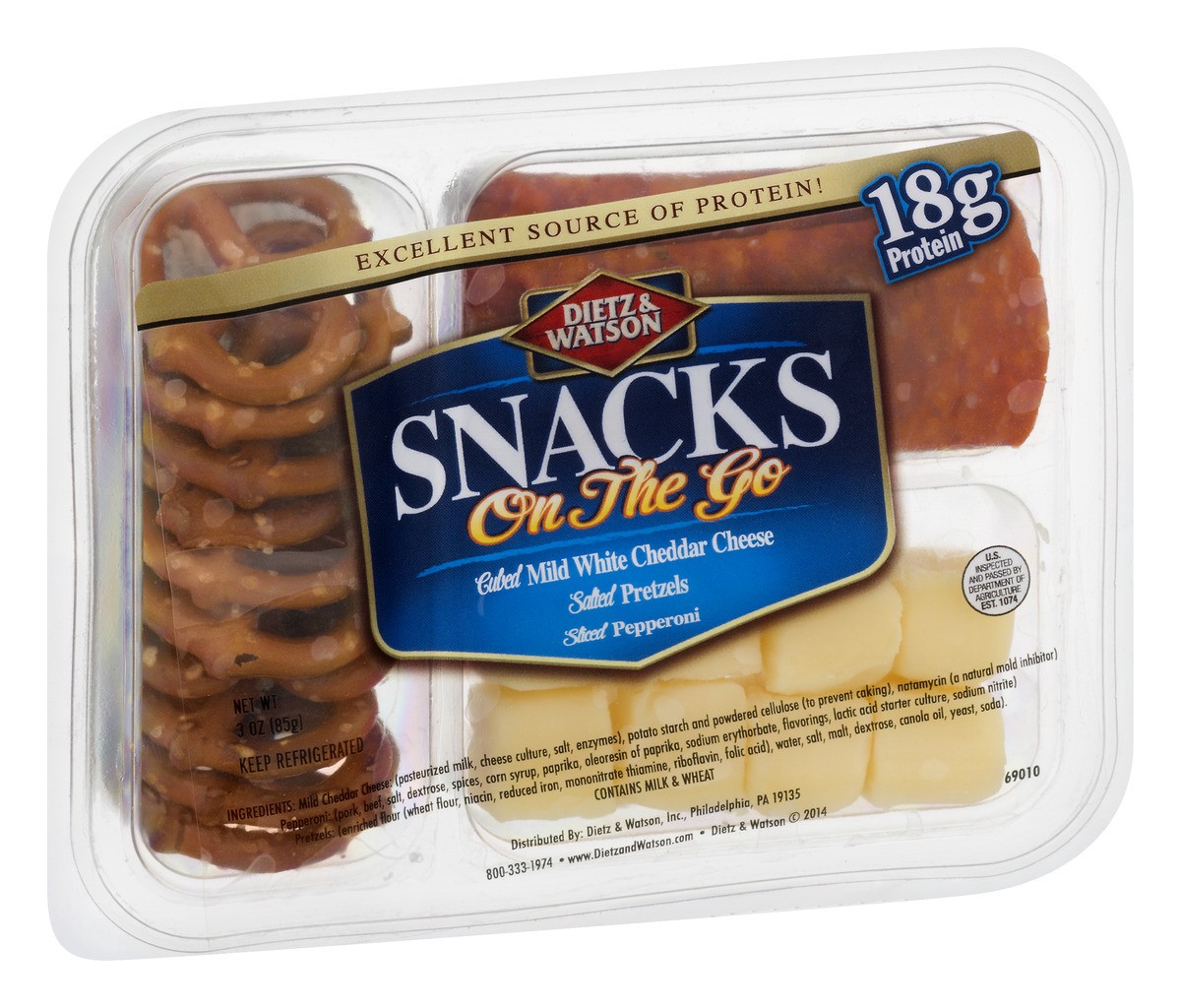 slide 2 of 11, Dietz & Watson Snack On The Go Cubed Mild White Cheddar Cheese, Salted Pretzels, Sliced Pepperoni, 3 oz