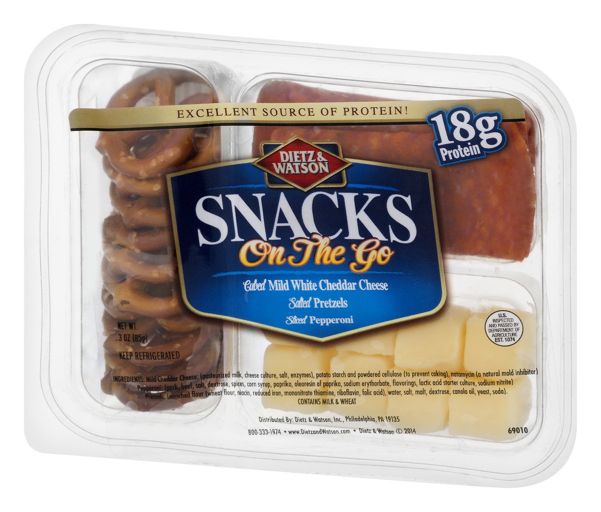 slide 4 of 11, Dietz & Watson Snack On The Go Cubed Mild White Cheddar Cheese, Salted Pretzels, Sliced Pepperoni, 3 oz