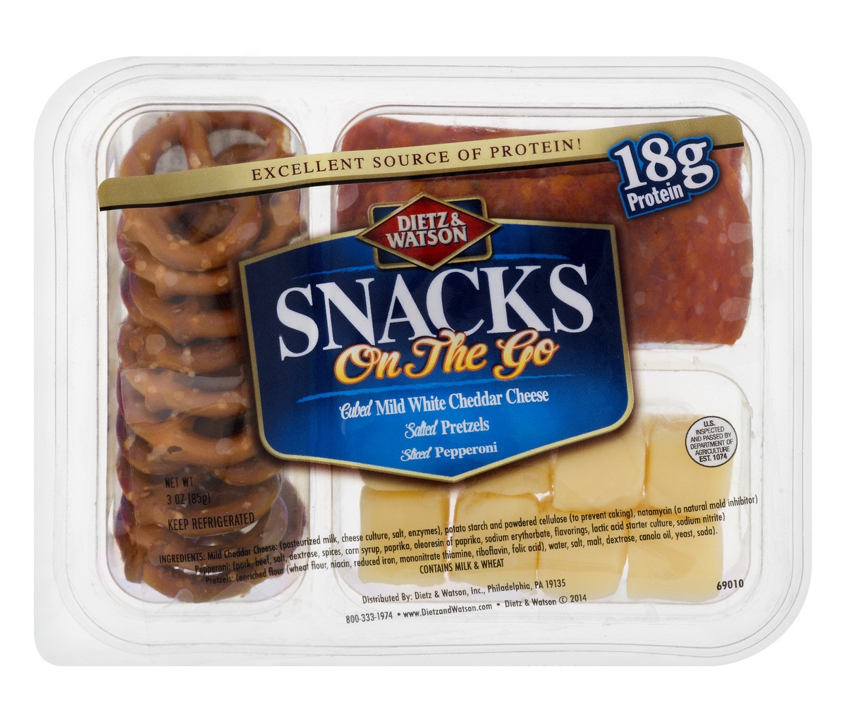 slide 1 of 11, Dietz & Watson Snack On The Go Cubed Mild White Cheddar Cheese, Salted Pretzels, Sliced Pepperoni, 3 oz