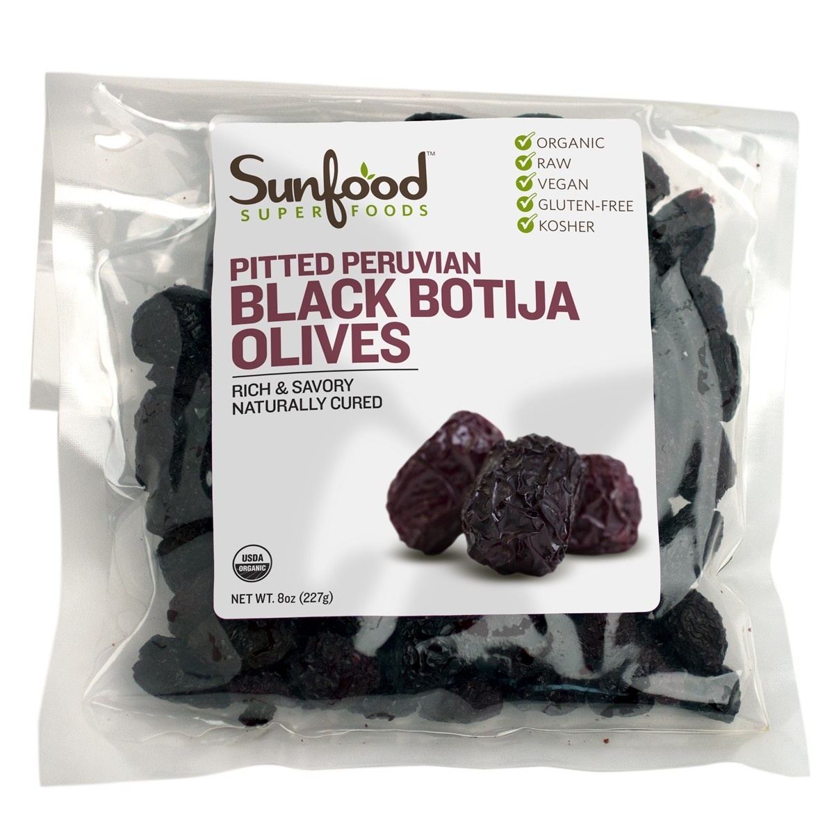 slide 1 of 1, Sunfood Pitted Peruvian Black Botija Olives, 8 oz