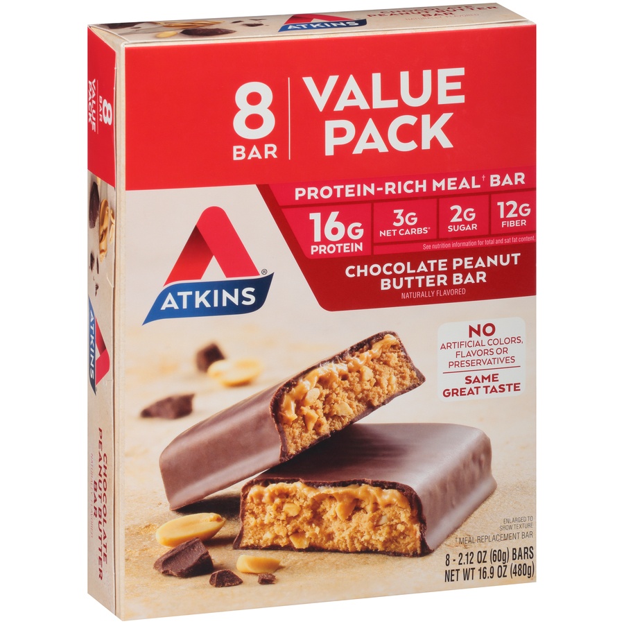 slide 2 of 8, Atkins Protein-Rich Chocolate Peanut Butter Meal Bar, 8 ct; 2.1 oz