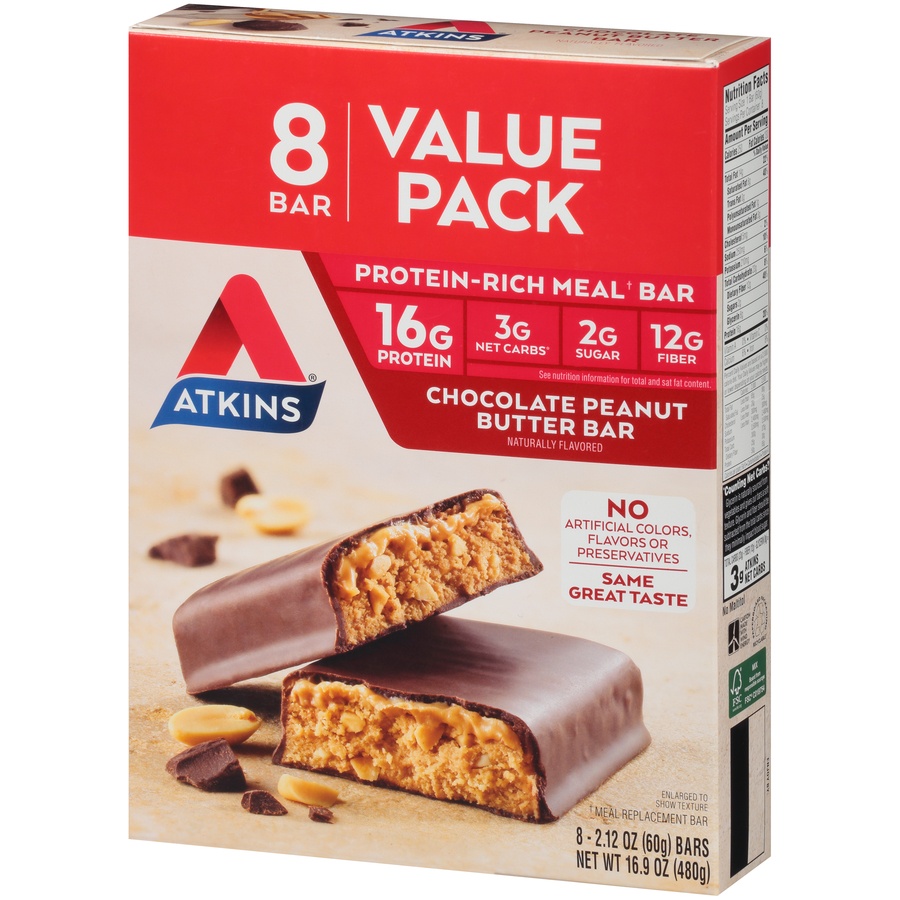 slide 3 of 8, Atkins Protein-Rich Chocolate Peanut Butter Meal Bar, 8 ct; 2.1 oz