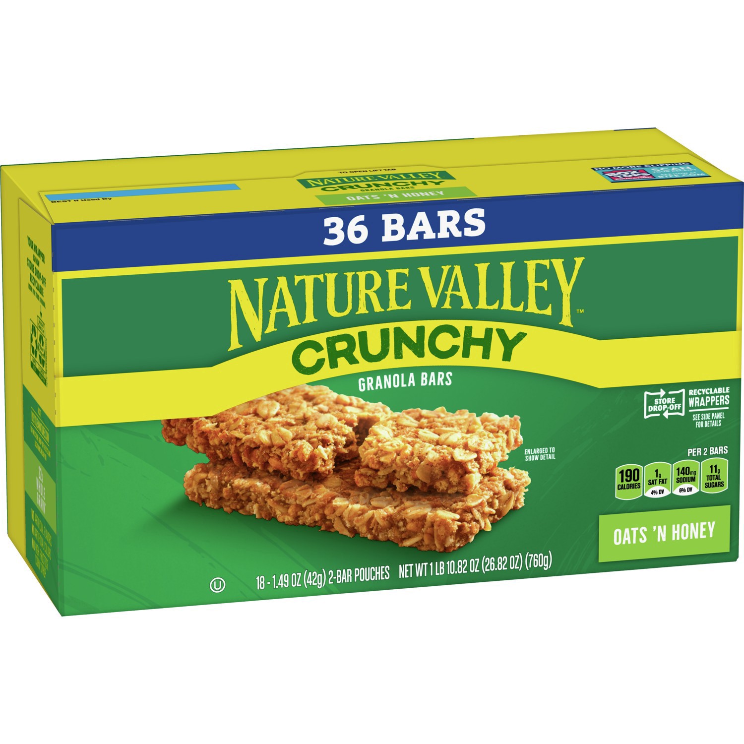 slide 5 of 7, Nature Valley Crunchy Granola Bars, Oats 'n Honey, 36 Bars, 26.82 OZ (18 Pouches), 26.82 oz