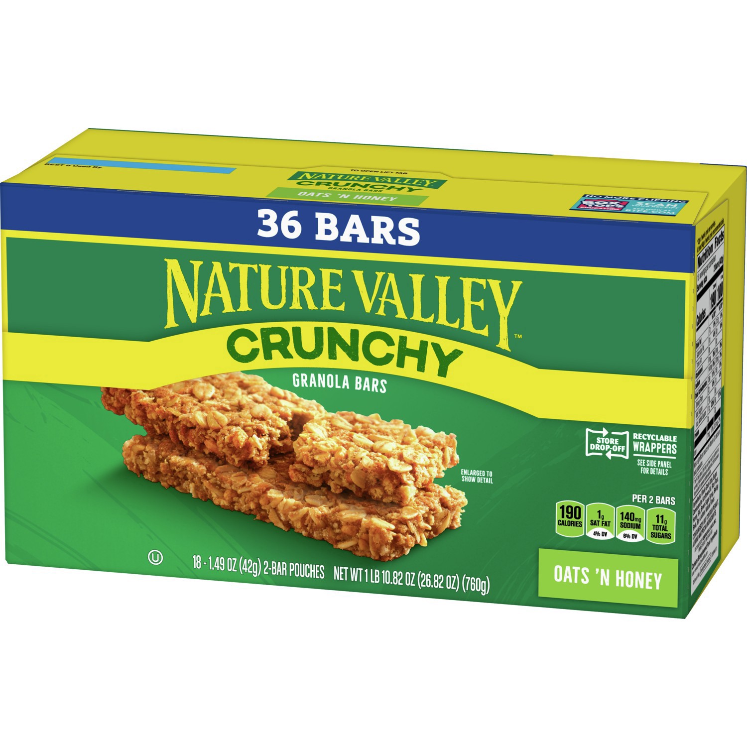 slide 7 of 7, Nature Valley Crunchy Granola Bars, Oats 'n Honey, 36 Bars, 26.82 OZ (18 Pouches), 26.82 oz