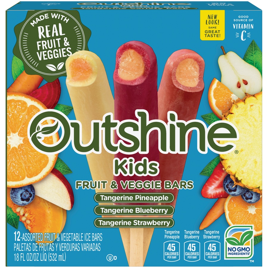 slide 1 of 6, Outshine Kids Fruit & Veggie Bars Tangerine Strawberry/Blueberry/Pineapple, 12 ct