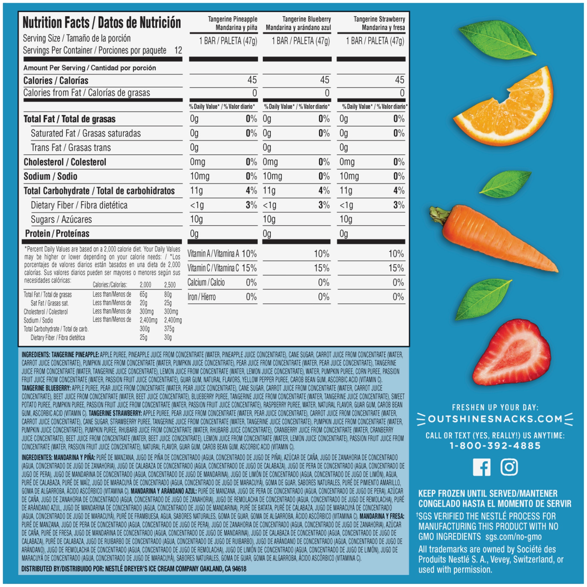 slide 4 of 6, Outshine Kids Fruit & Veggie Bars Tangerine Strawberry/Blueberry/Pineapple, 12 ct