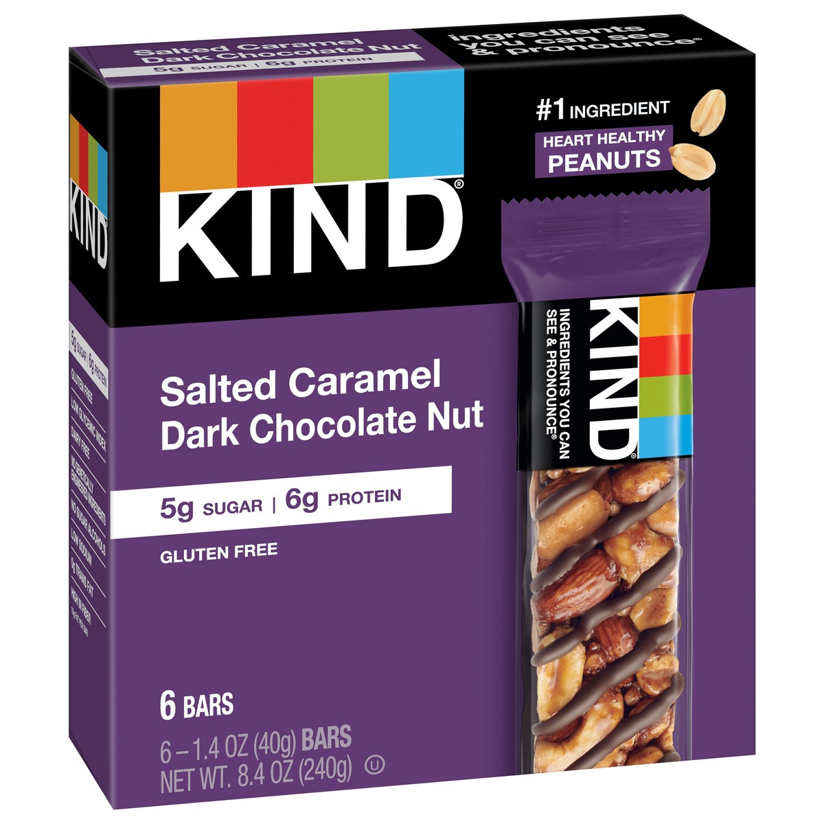 slide 7 of 8, KIND Gluten Free Salted Caramel & Dark Chocolate Nut Snack Bars, 1.4 oz, 6 Count, 8.4 oz