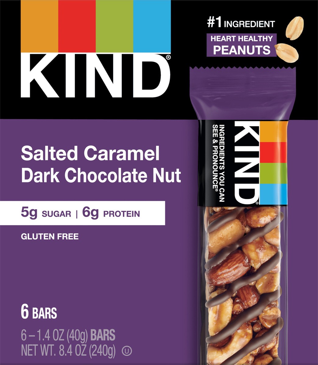 slide 5 of 8, KIND Gluten Free Salted Caramel & Dark Chocolate Nut Snack Bars, 1.4 oz, 6 Count, 8.4 oz