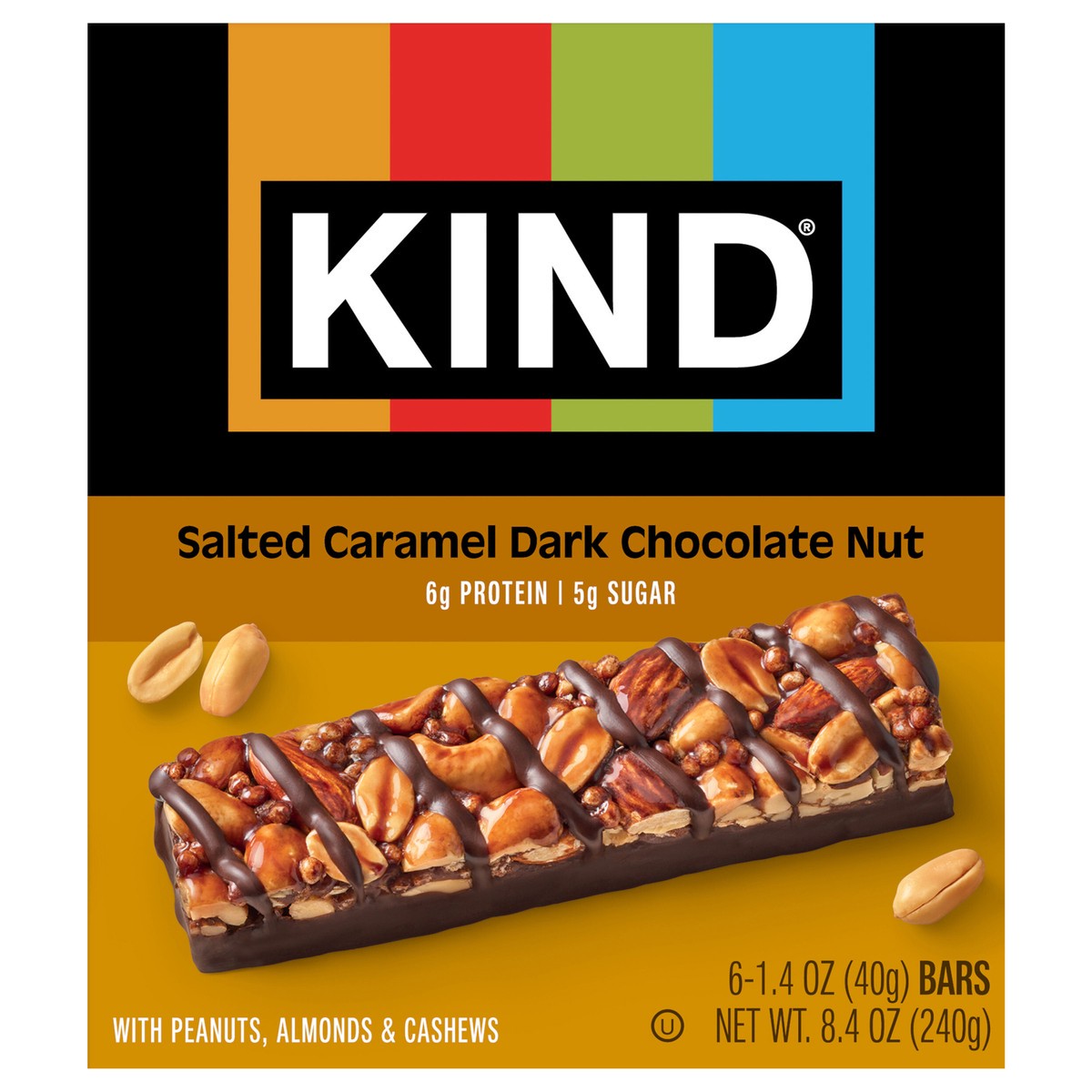 slide 1 of 8, KIND Healthy Snack Bar, Salted Caramel Dark Chocolate Nut, 5g Sugar | 6g Protein, Gluten Free Bars, 1.4 OZ, 6 Ct, 8.4 oz