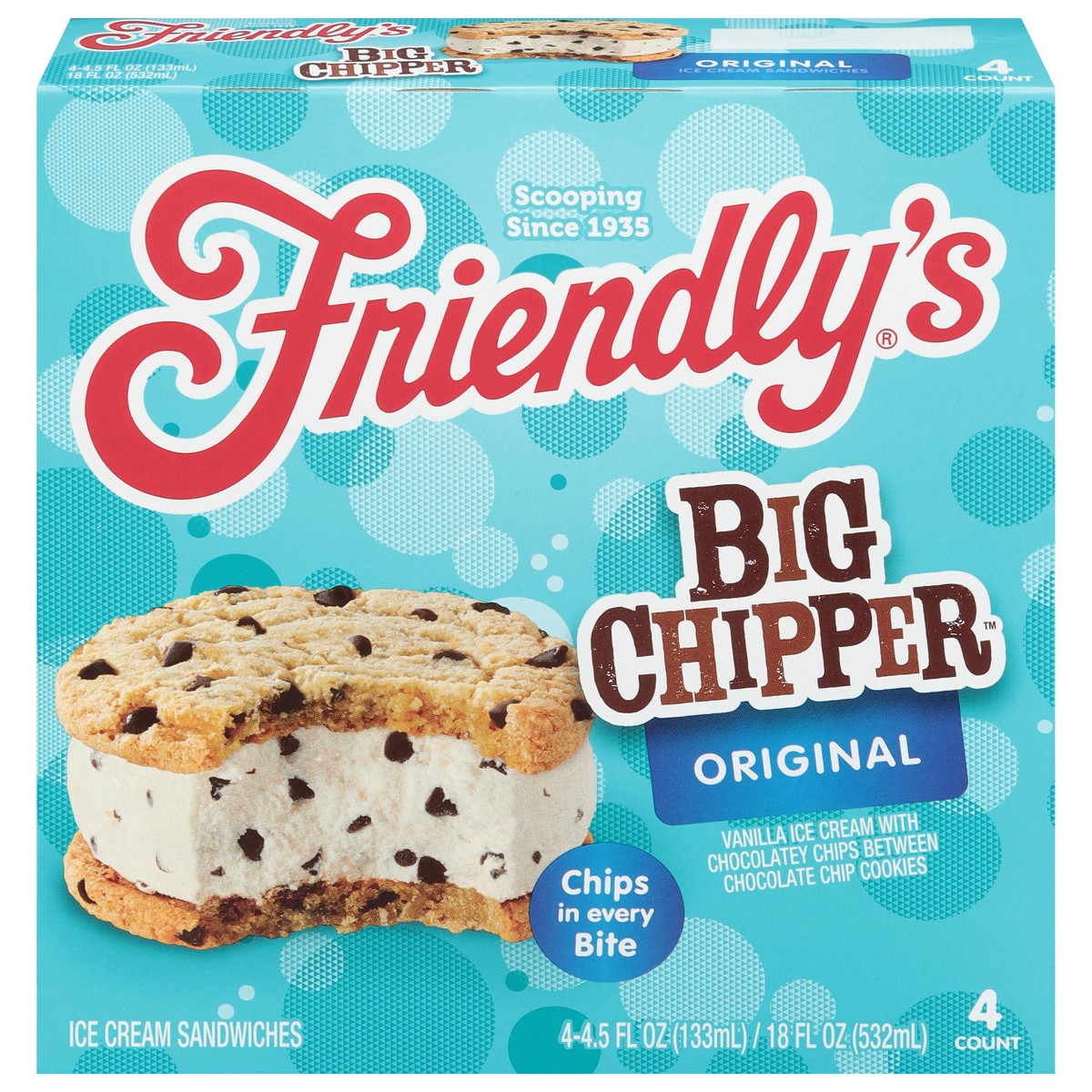 slide 1 of 10, Friendly's Big Chipper Original Ice Cream Sandwiches 4 - 4.5 fl oz Packs, 4 ct