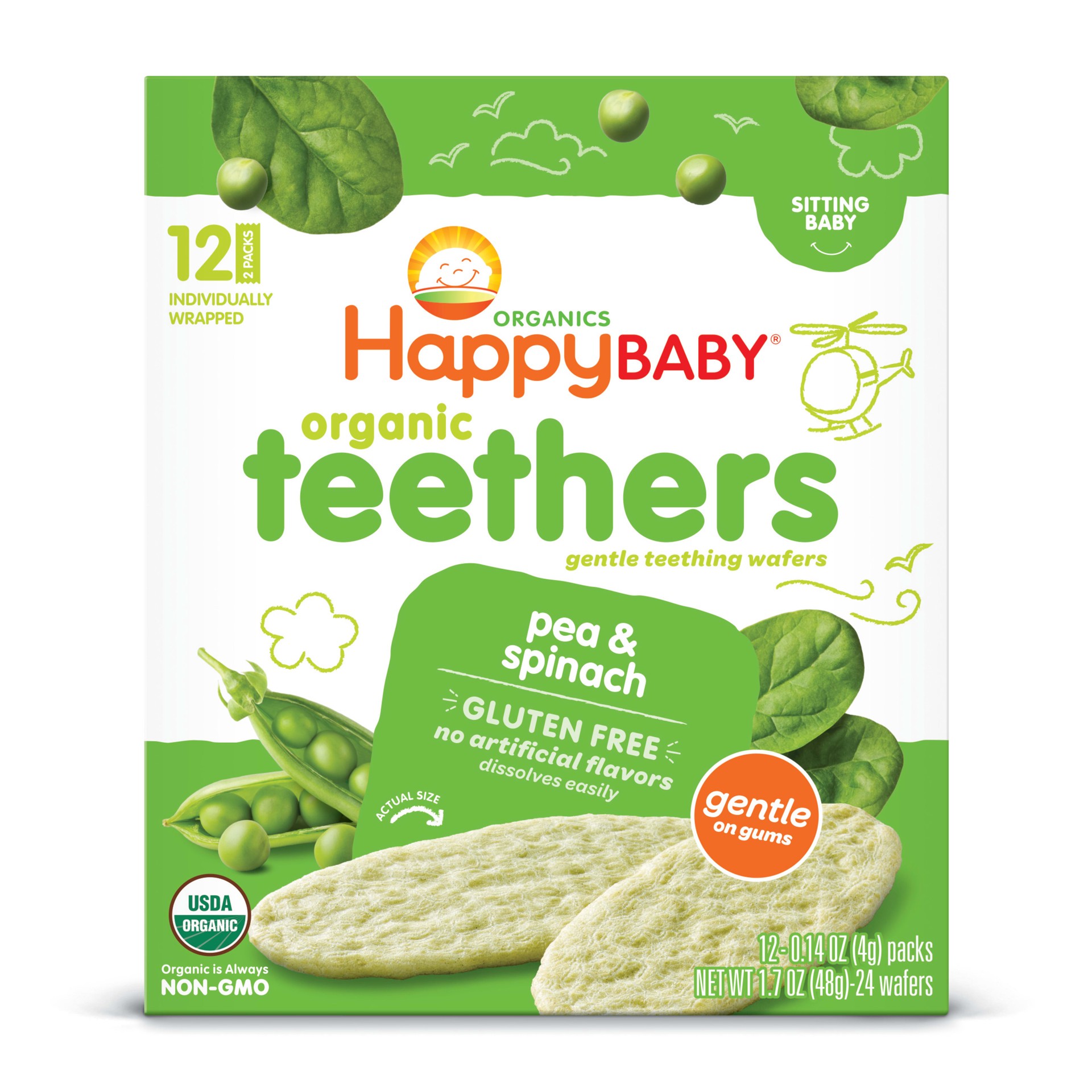 slide 1 of 3, Happy Baby Organics Organic Teethers Gluten Free Gentle Teething Wafers Pea & Spinach 12-0.14 oz Packs UNIT, 12 ct; 0.14 oz