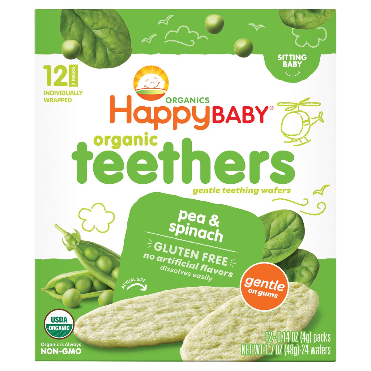 slide 1 of 3, Happy Baby Happy Family HappyBaby Pea & Spinach Organic Teethers - 12ct/1.68oz, 12 ct; 0.14 oz