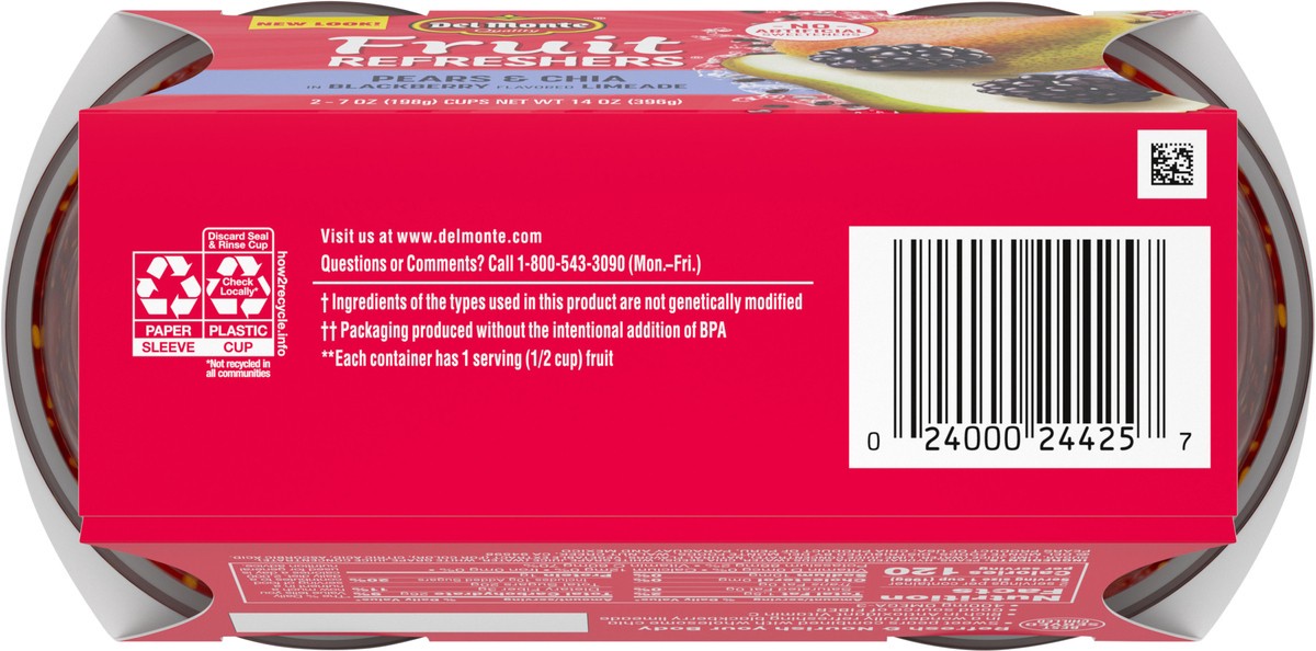 slide 6 of 7, DEL MONTE FRUIT REFRESHERS Pears & Chia in Blackberry Flavored Limeade Fruit Cup Snacks 2-7 oz. Cups, 2 ct