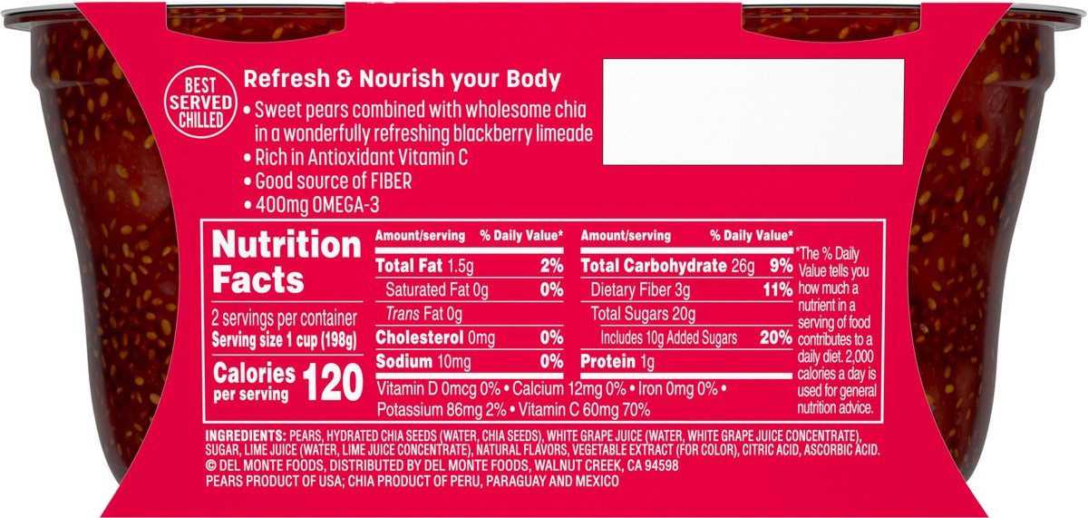 slide 4 of 7, DEL MONTE FRUIT REFRESHERS Pears & Chia in Blackberry Flavored Limeade Fruit Cup Snacks 2-7 oz. Cups, 2 ct