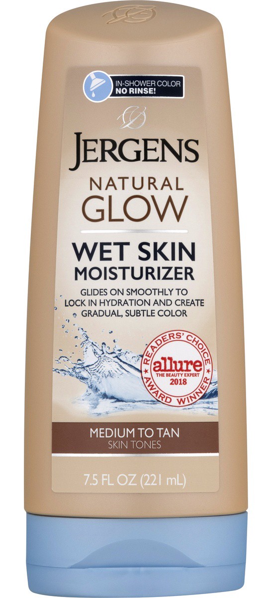 slide 1 of 5, Jergens Natural Glow Wet Skin Moisturizer Medium To Tan Skin Tones, 7.5 fl oz