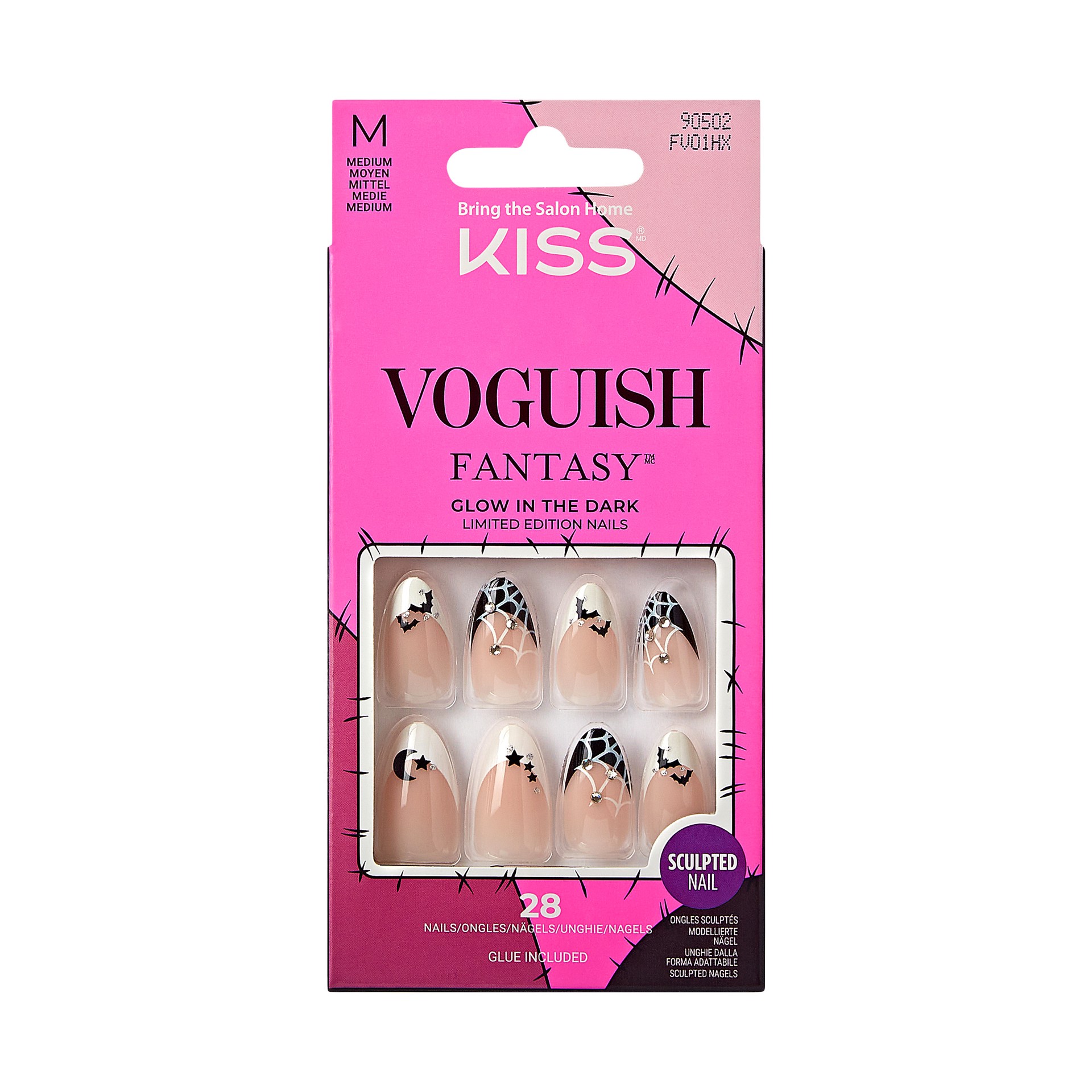 slide 1 of 5, KISS Voguish Fantasy Halloween Press-On Nails, Black & White, Medium, Almond Shape, 31 Ct., 1 ct