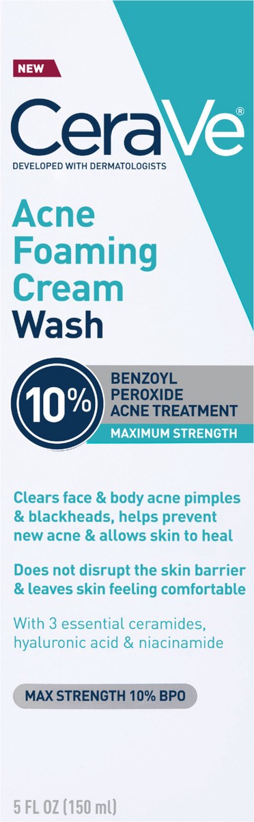 slide 5 of 11, CeraVe Acne Foaming Cream Wash with 10% Benzoyl Peroxide for Face & Body, 5 fl oz