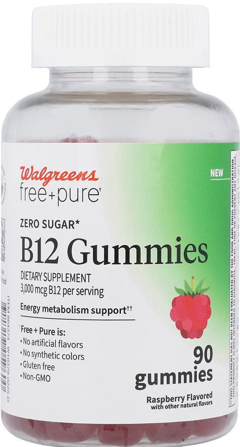 slide 1 of 4, Walgreens Free & Pure B12 3,000 mcg Gummies, Zero Sugar Raspberry, 90 ct