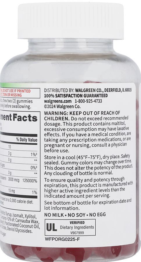 slide 4 of 4, Walgreens Free & Pure B12 3,000 mcg Gummies, Zero Sugar Raspberry, 90 ct