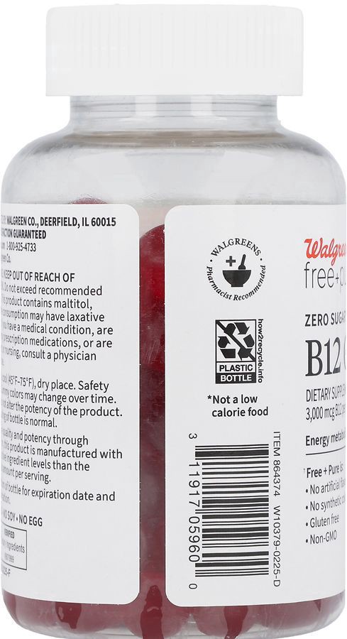 slide 3 of 4, Walgreens Free & Pure B12 3,000 mcg Gummies, Zero Sugar Raspberry, 90 ct
