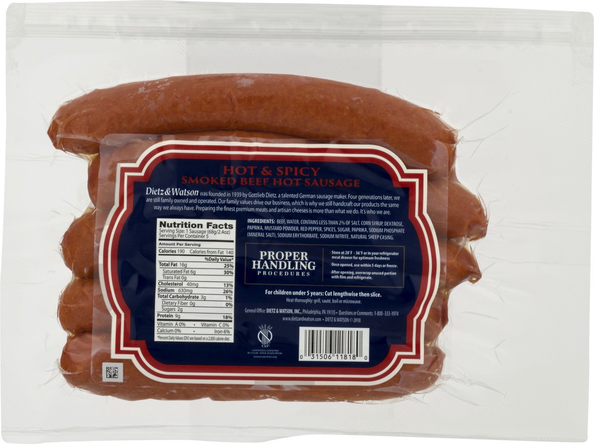 slide 2 of 11, Dietz & Watson Hot & Spicy Beef Smoked Sausage 12 oz, 