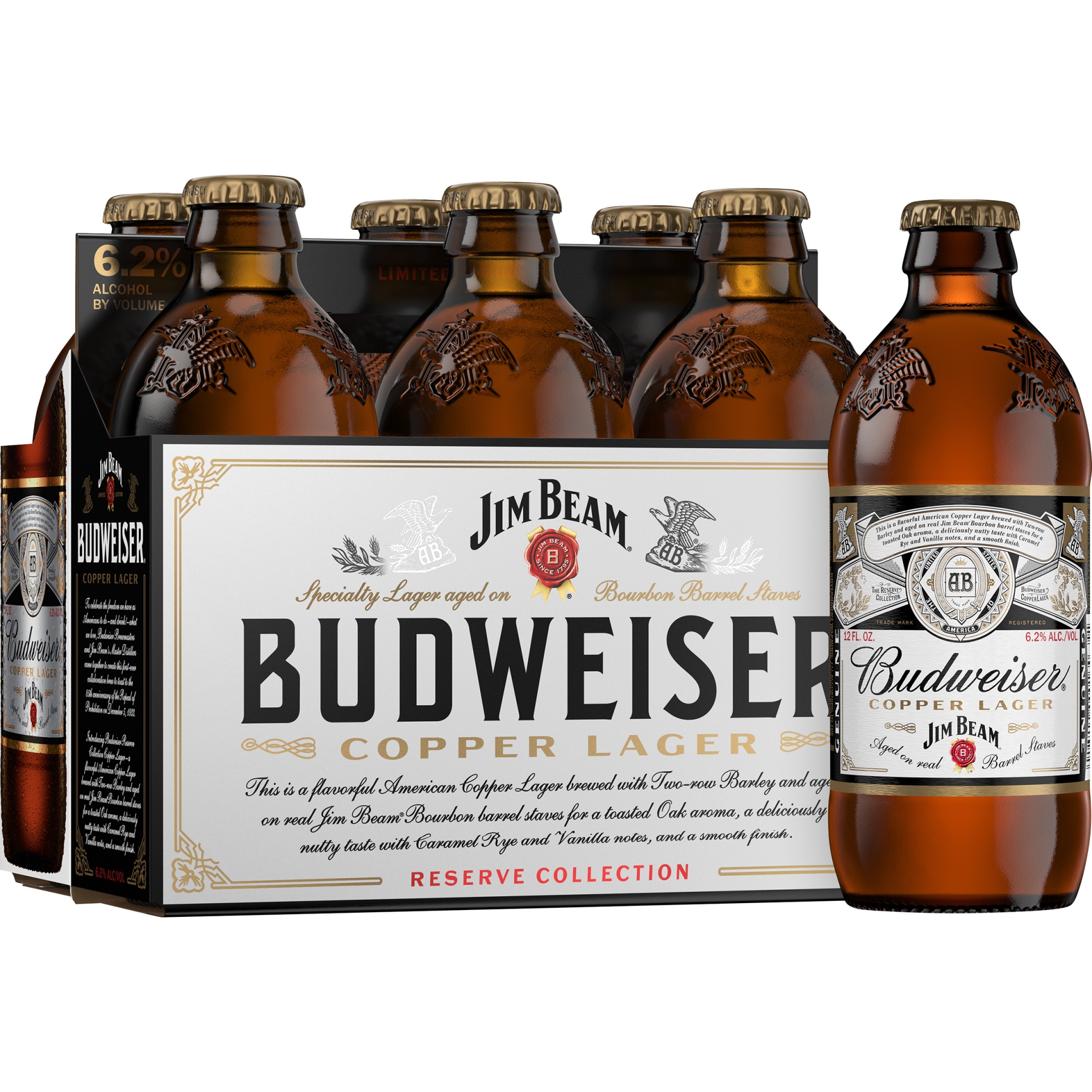 slide 1 of 3, Budweiser Jim Beam Copper Lager Beer, 6.2% ABV, 6 ct; 12 oz