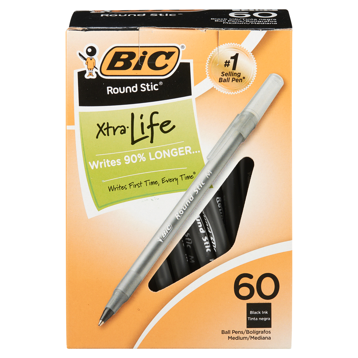 slide 1 of 1, BIC Round Stic Xtra Life Medium Point Ball Pen (1.mm)Box Black, 60 ct