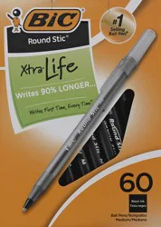BiC Round Stic Xtra Life Black Ink Medium Ball Pens 60 ea
