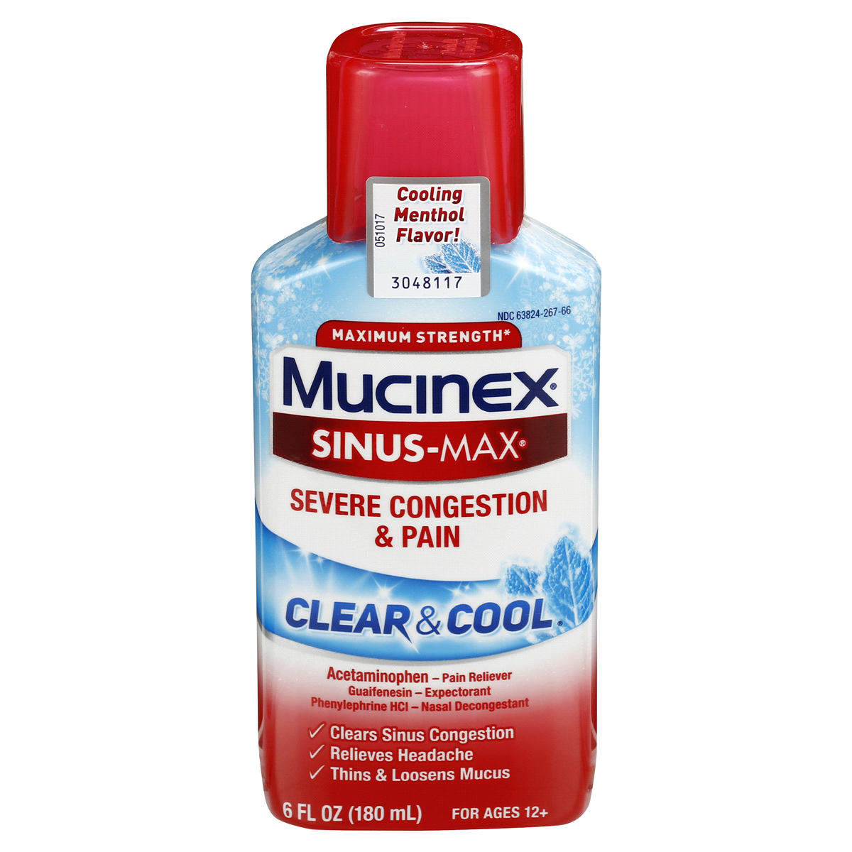 slide 1 of 1, Mucinex Sinus Max Severe Congestion Relief Clear & Cool Liquid, 6 fl oz