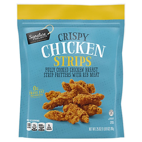 slide 1 of 1, Signature Select Crispy Chicken Strips Fully Cooked Chicken Breast With Rib Meat Frozen, 25 oz